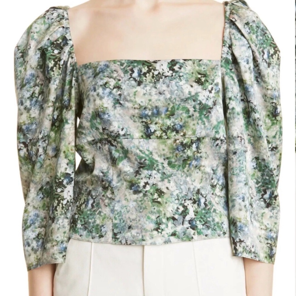 Vince Painted Floral Square Neck Puff Sleeve Green Combo Top 10 Reg $325